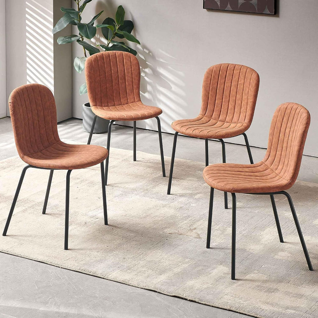 Dining Chair Set of 4, Upholstered PU Leather Seat with Black Metal Legs,Modern Comfortable Kitchen Chair, Curved Backrest Dining Chair for Dining Room Living Home(Mid-Century Brown)