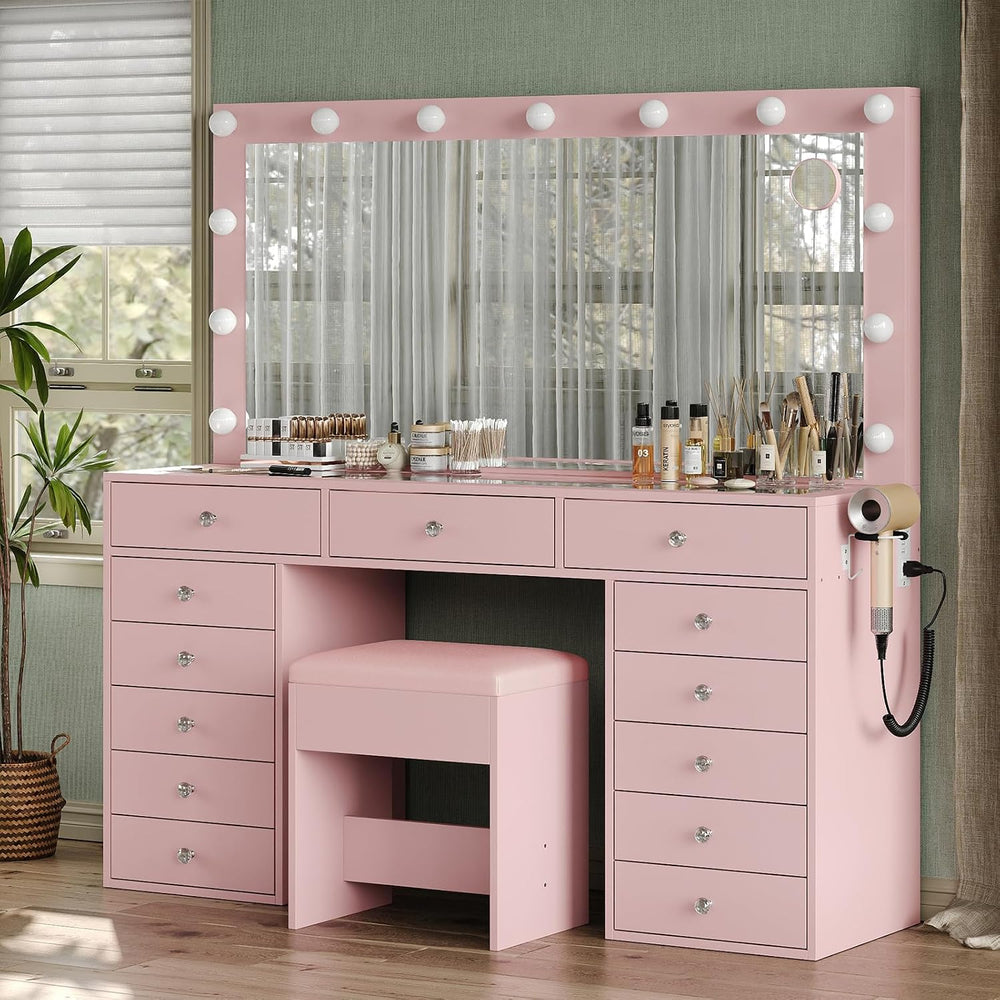 FUSOU Makeup Vanity with Power Outlet & Lighted Mirror, 13 Drawers Vanity...