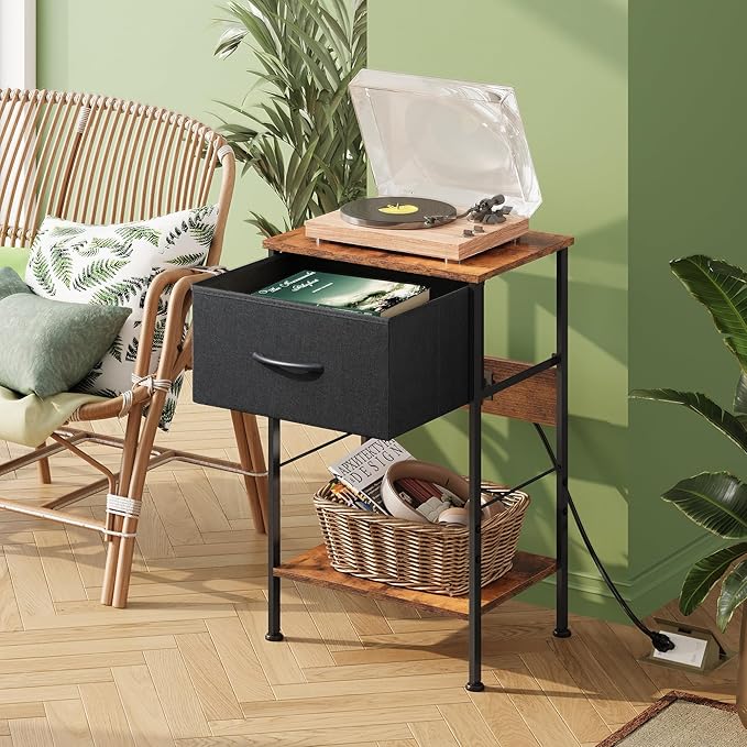 WLIVE Nightstand with Charging Station, Night Stand with 1 Fabric Drawer and ...