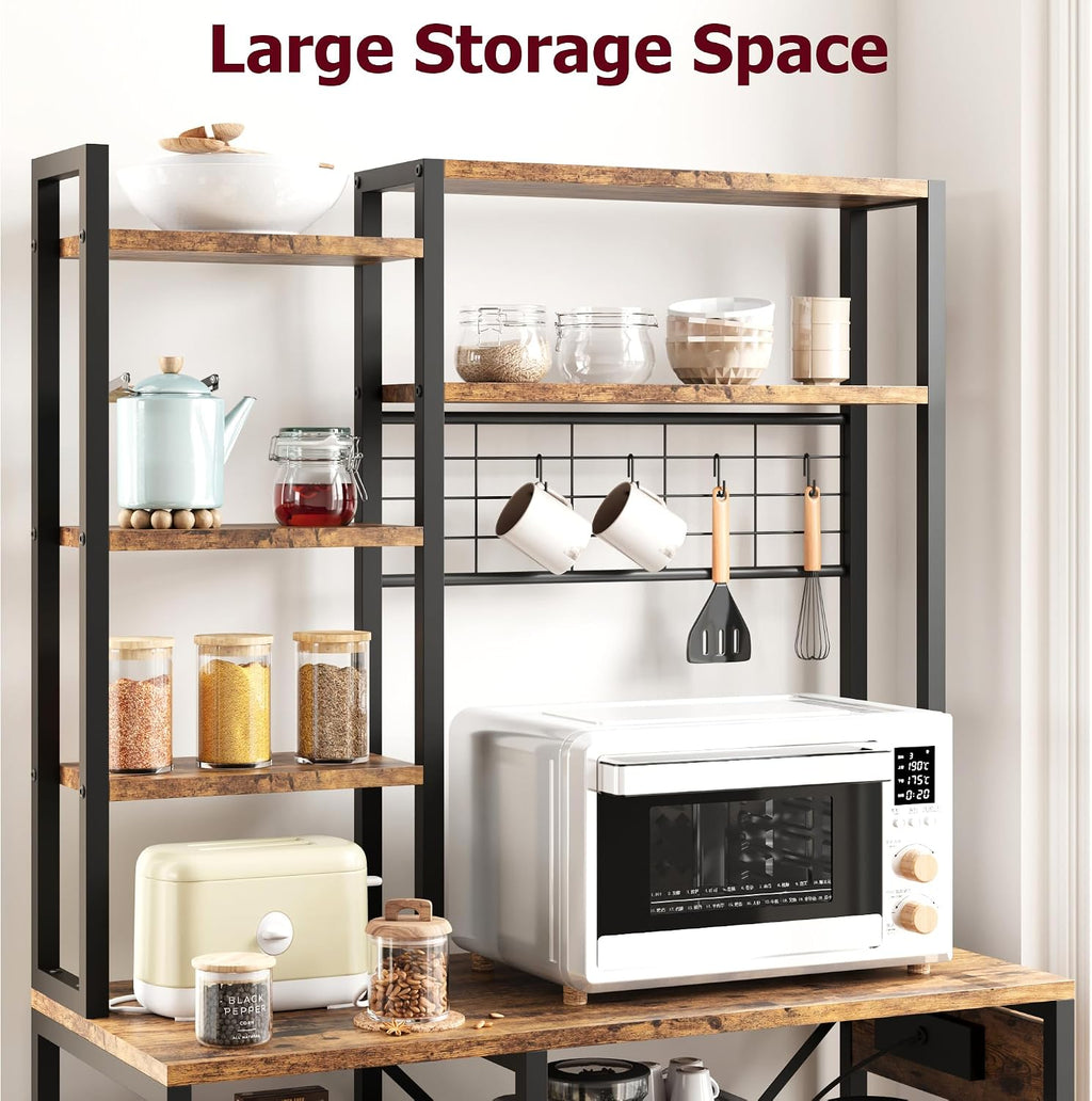 IDEALHOUSE Bakers Rack with Power Outlet, Microwave Stand with 2 Wire Drawer, Industrial Coffee Bar Station, 7-Tier Kitchen Bakers Rack with Large Storage for Spice, Pots Organizer, Rustic Brown