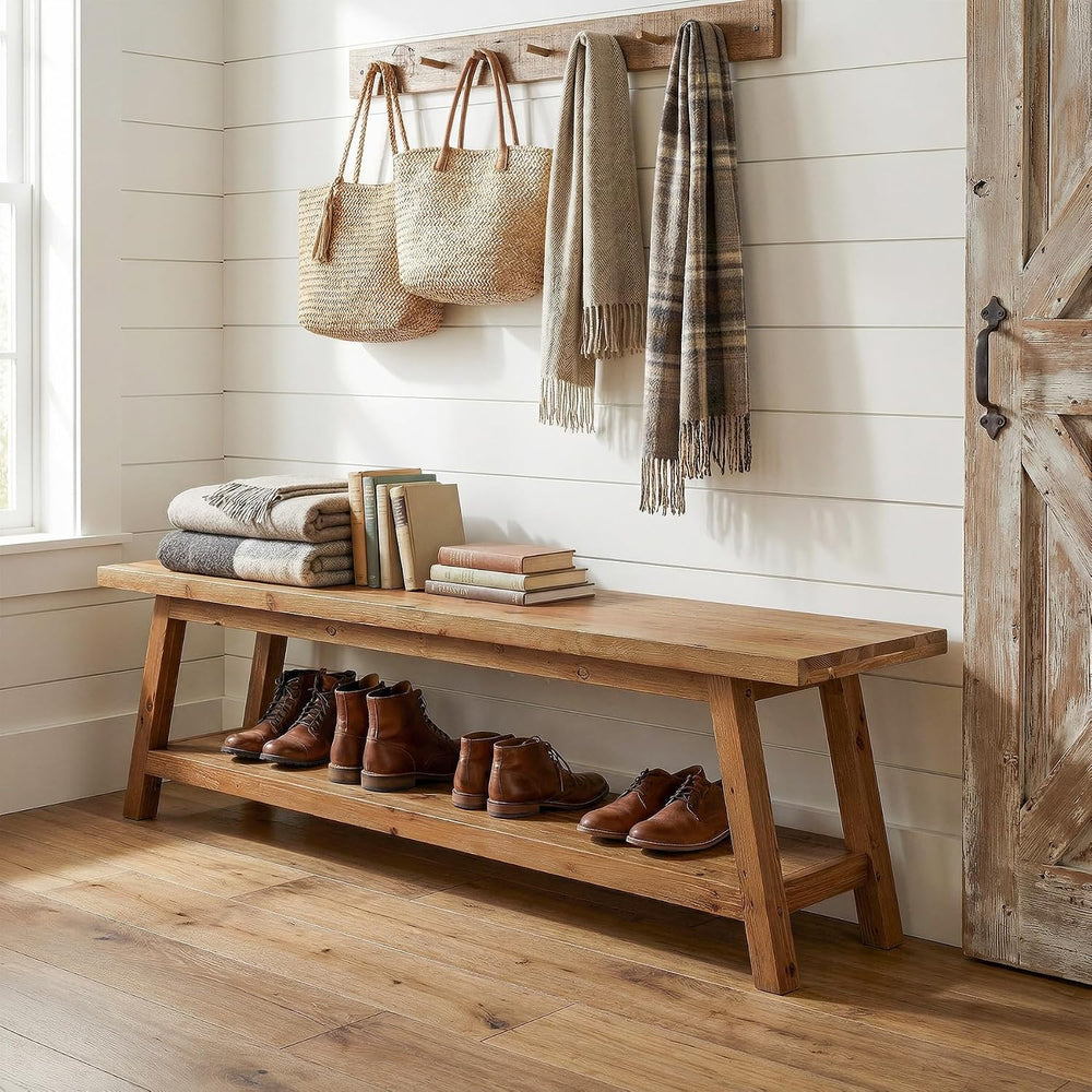 Solid Wood Entryway Bench with Shoe Storage Shelf, 62.99" Long Rustic Ha...
