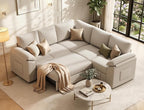85 Inch Modular Sectional Sofa with Pull Out Couch Bed, L Shaped 5 Seat Sectional Couch with Storage, Corduroy Sectional Couches for Living Room, Cloud Modular Couch, Removable Sofa Cover, Beige