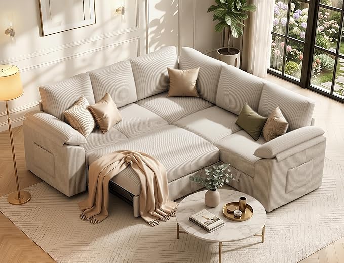 85 Inch Modular Sectional Sofa with Pull Out Couch Bed, L Shaped 5 Seat Sectional Couch with Storage, Corduroy Sectional Couches for Living Room, Cloud Modular Couch, Removable Sofa Cover, Beige