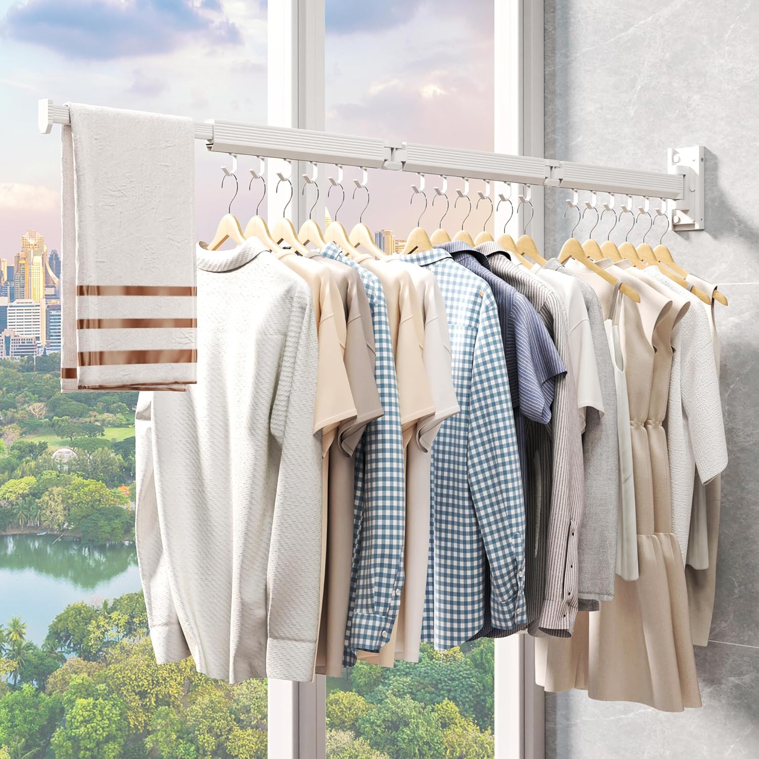 J-type Hooks Wall Mounted Clothes Rack, Collapsible, White Color