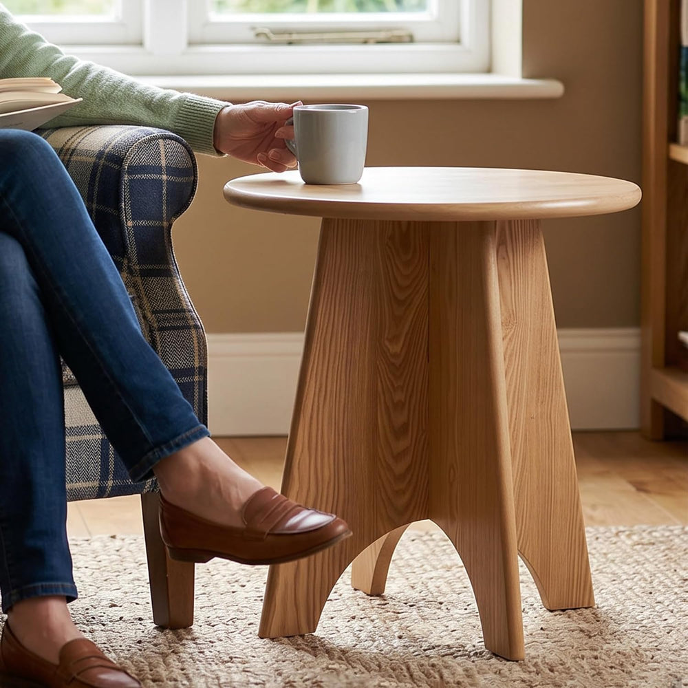 Round Side Table with Unique Panel Leg Design, Sturdy Nightstand for Bedroom,...