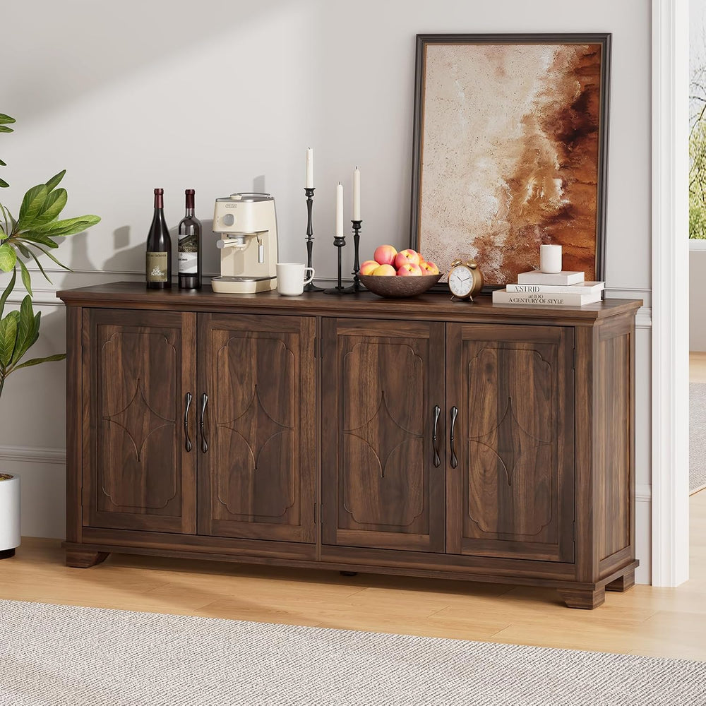 ONBRILL 63 Inch Buffet Cabinet with Storage, 4 Carved Doors, Brown