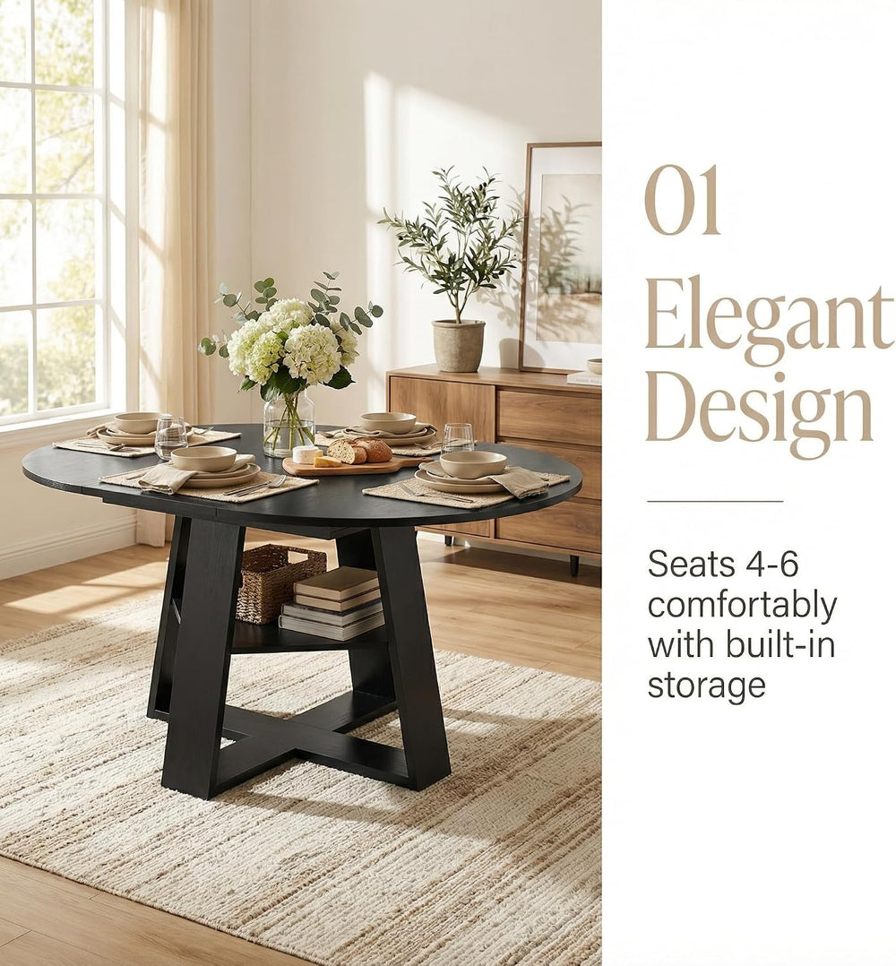 43.3"-59" Round Extendable Dining Table for 4-6 Modern Black Wood K...