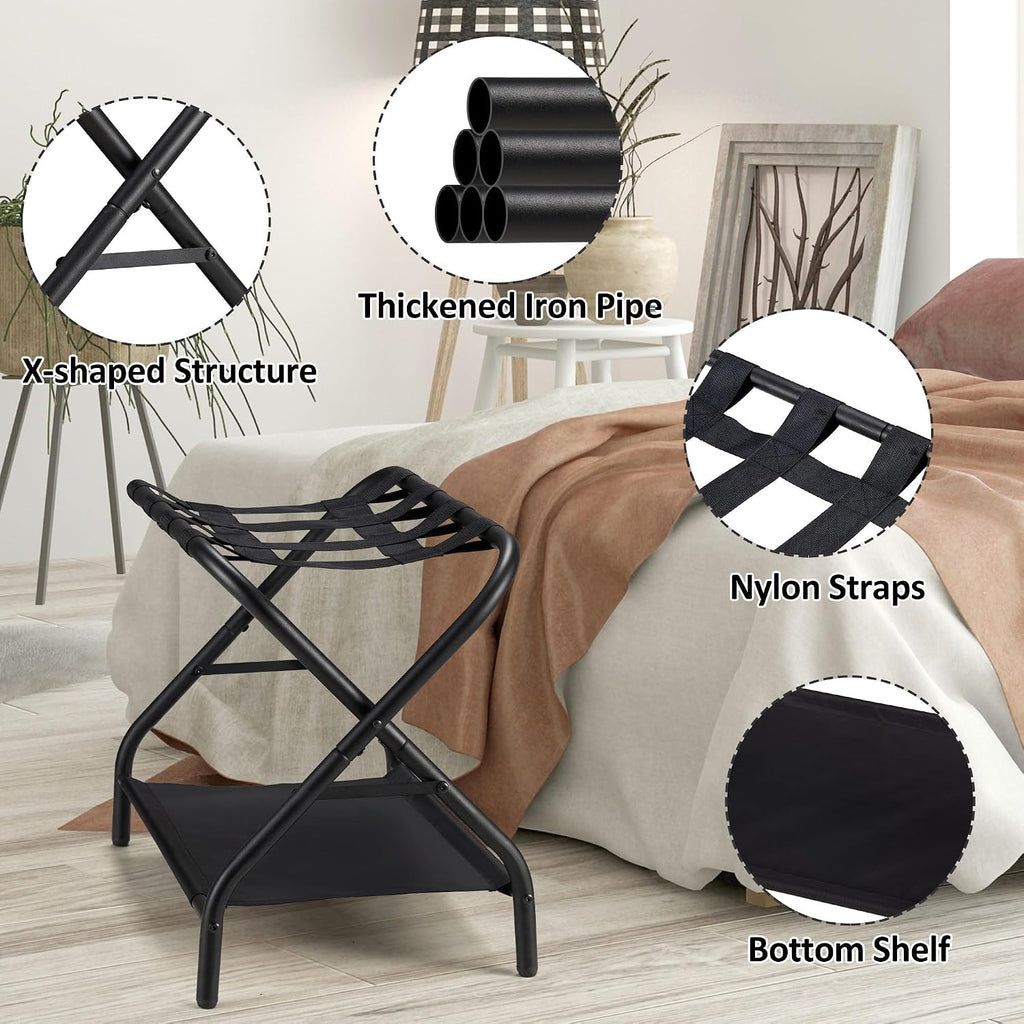 Luggage Rack Set of 2, Foldable Suitcase Stand with Fabric Storage Shelf Easy Assemble Metal Luggage Holder with Straps for Guest Room Bedroom Hotel, Black
