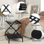 Luggage Rack Set of 2, Foldable Suitcase Stand with Fabric Storage Shelf Easy Assemble Metal Luggage Holder with Straps for Guest Room Bedroom Hotel, Black