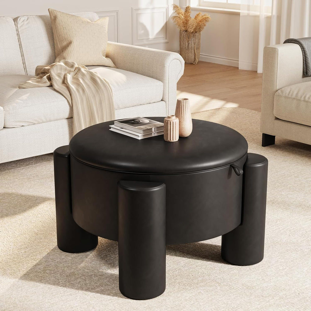 FiveWillowise Round Ottoman Coffee Table with Storage,24" Faux Leather S...