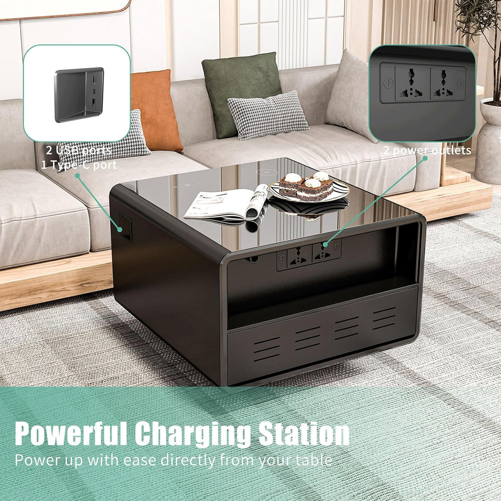 Modern Smart Side Table with Built-in Fridge Drawer (37-46°F), 15W Wireless C...