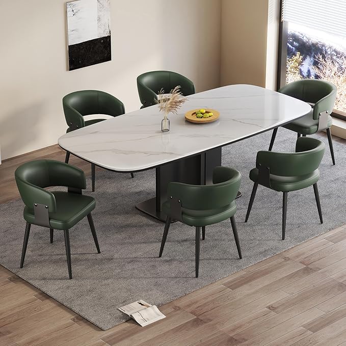Modern Dining Chairs Set of 6, Upholstered Faux Leather Kitchen Side Chairs with Curved Open Back, Easy Assembly for Dining Room, Restaurant, Cafe, Green