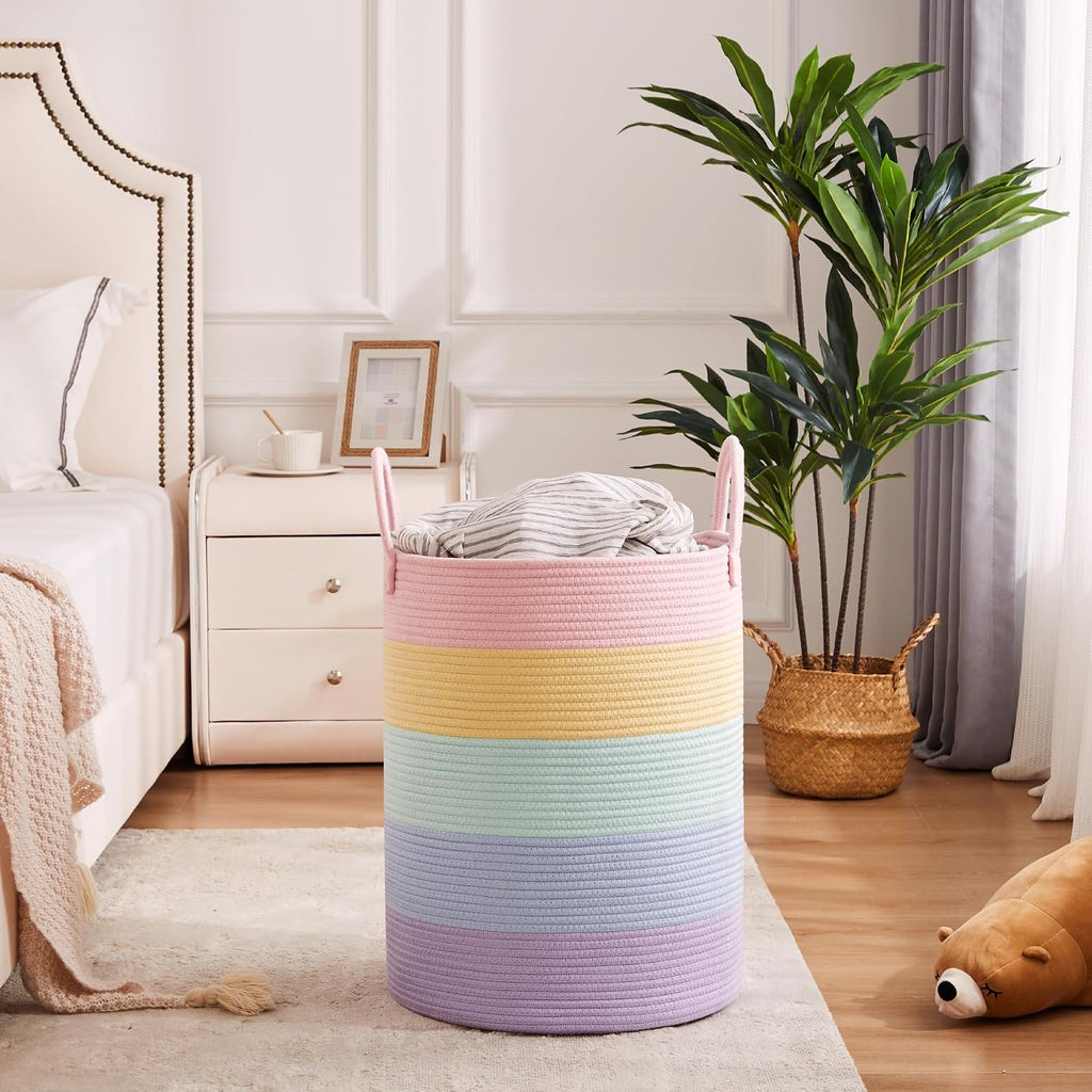 Large Rainbow Hamper Laundry Basket for Baby Girls Kids Nursery | 60L Pastel Unicorn Woven Clothes Hamper Tall Blanket Basket in Playroom Bedroom 15Dx20H inches