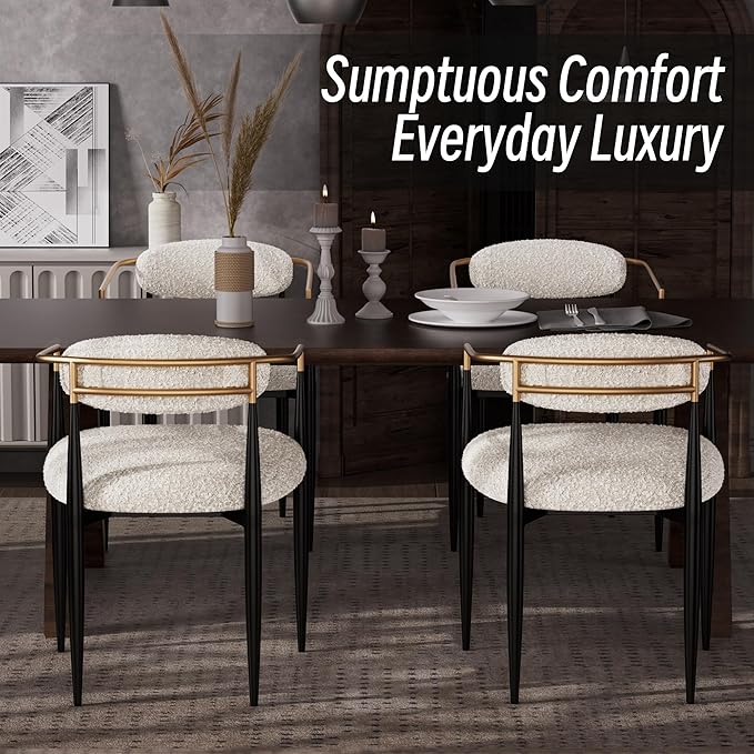 Morden Fort Modern Dining Chairs Set of 2, Upholstered Boucle Dining Chairs with Gold Arms and Black Metal Legs for Kitchen, Living Room and Apartment