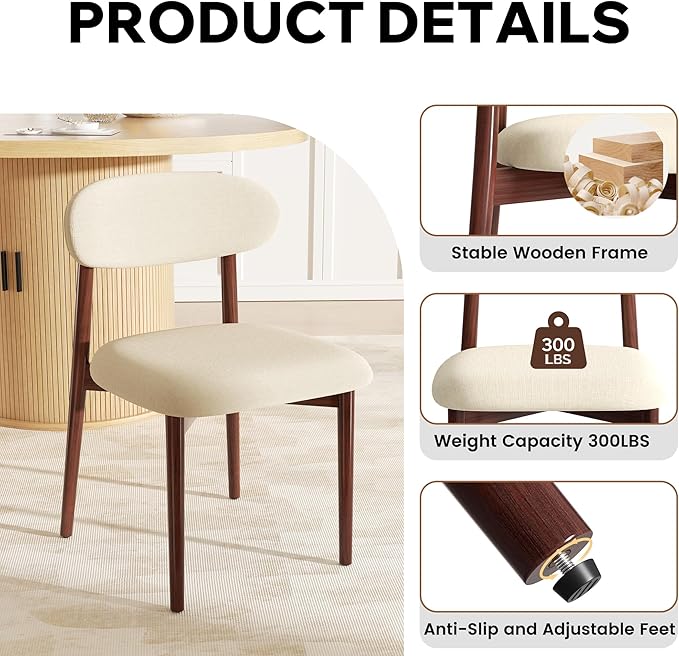 Wooden Dining Chair Set of 3, Modern Dining Chairs with with Curved Back, Fabric Upholstered Kitchen Dining Room Chairs with Adjustable Legs for Farmhouse Dining Living Room,Beige