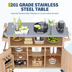 Outdoor Grill Cart with Storage Cabinet, Wood Outdoor Kitchen Island on Wheels, Grill Cart Table with Stainless Steel Table Top, Spice Rack, Towel Rack & Lockable Wheels for Kitchen,BBQ, Natural