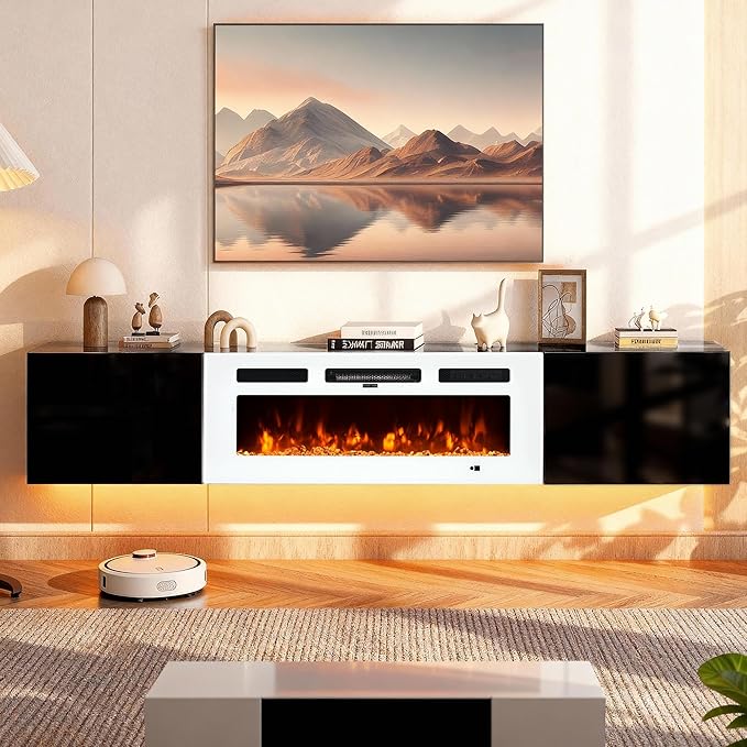 MXV 70'' Floating TV Stand, Modern Media Entertainment Center with 36" Electric Fireplace, TV Console Cabinet Wall Mounted, Adjustable 12-Color LED Lights, for Living Room, Black + White