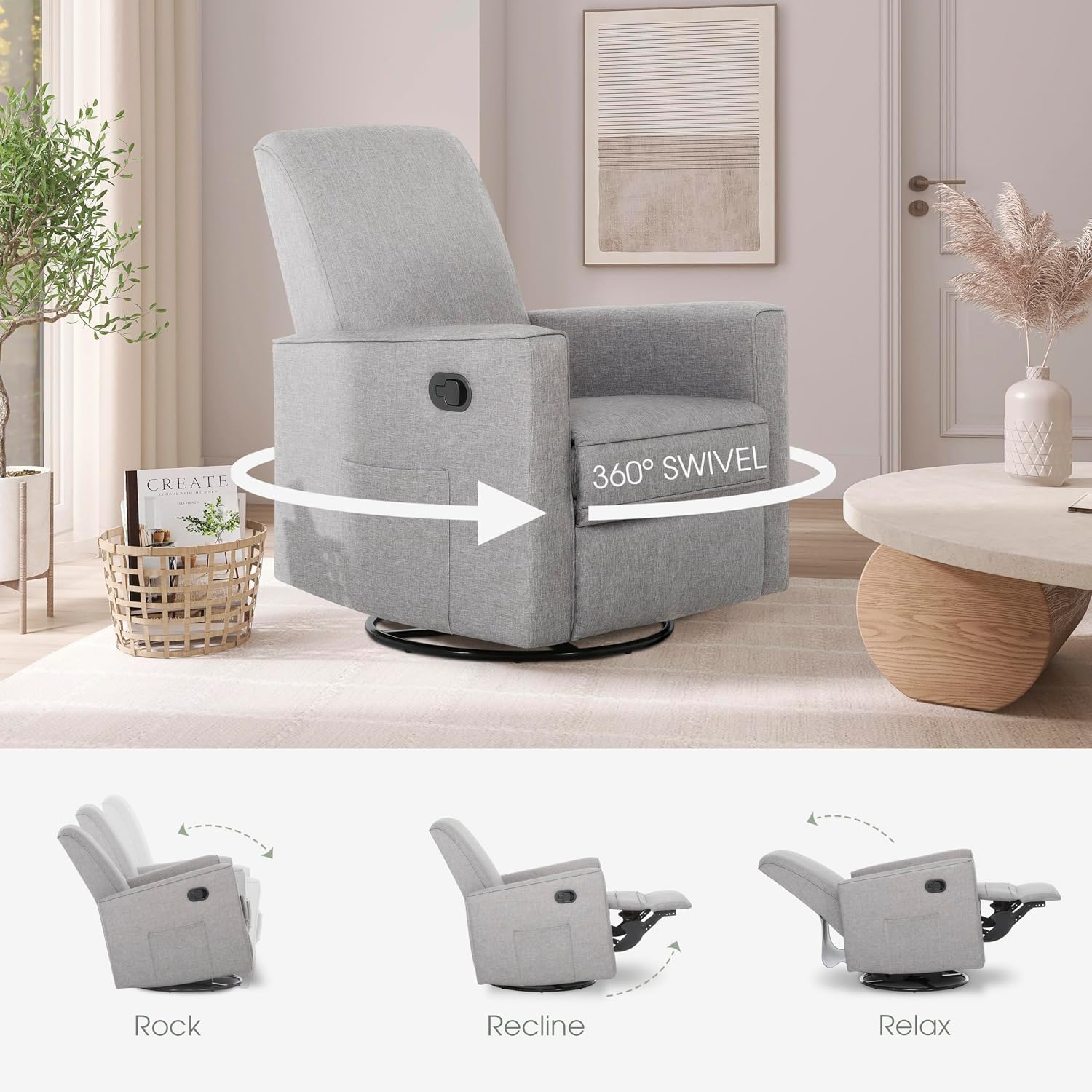 Evolur Raleigh Upholstered Manual Glider Recliner– Rocking & 360° Swivel with Smooth Glide – Greenguard Gold & FSC Certified – Modern Nursery and Living Room Chair in Light Grey