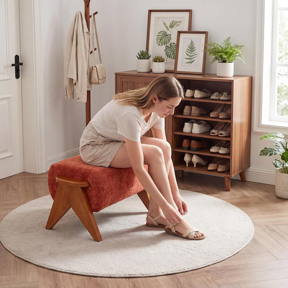 Linen Padded footstools Mid Century Modern Ottoman with Wood Frame, Lounge Up...