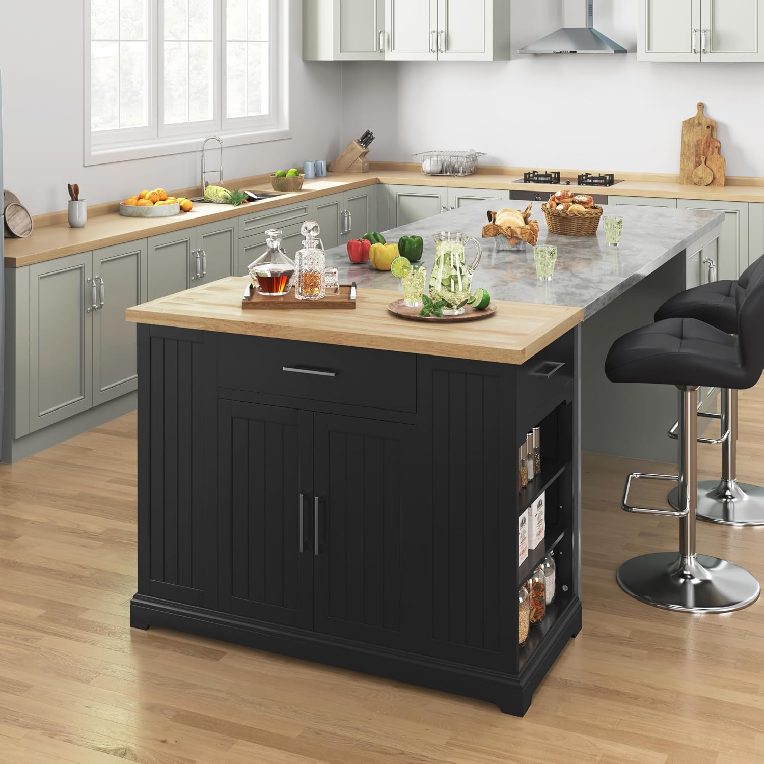 Yaheetech Kitchen Island on Hidden Wheels, Rolling Kitchen Cart with Thicker Rubberwood Top & 3 Drawers & Open Shelves, Storage Cabinet with Adjustable Shelves for Dining Room, 46″L × 22″W, Black | Mobile Kitchen Island with Storage on Wheels with