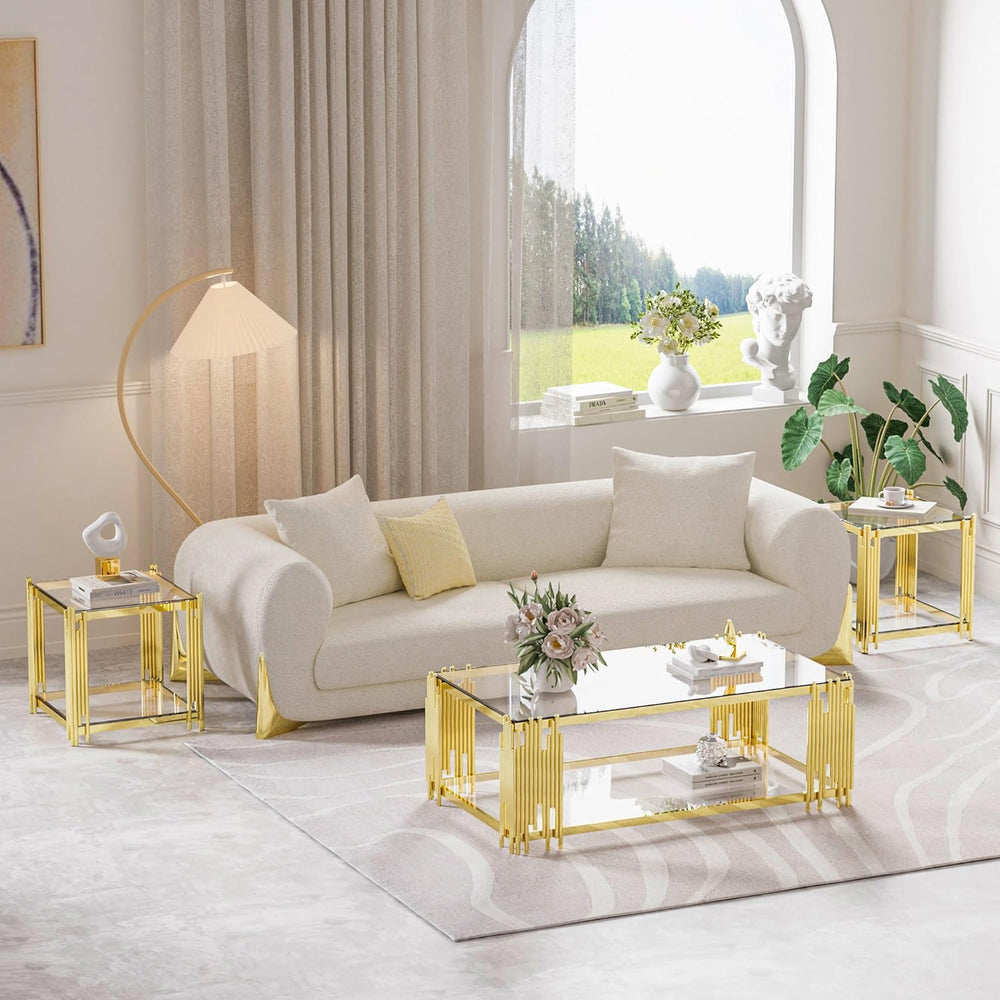 Luxury Gold Square Glass End Table, 19.7" Modern Side Table with Stainle...