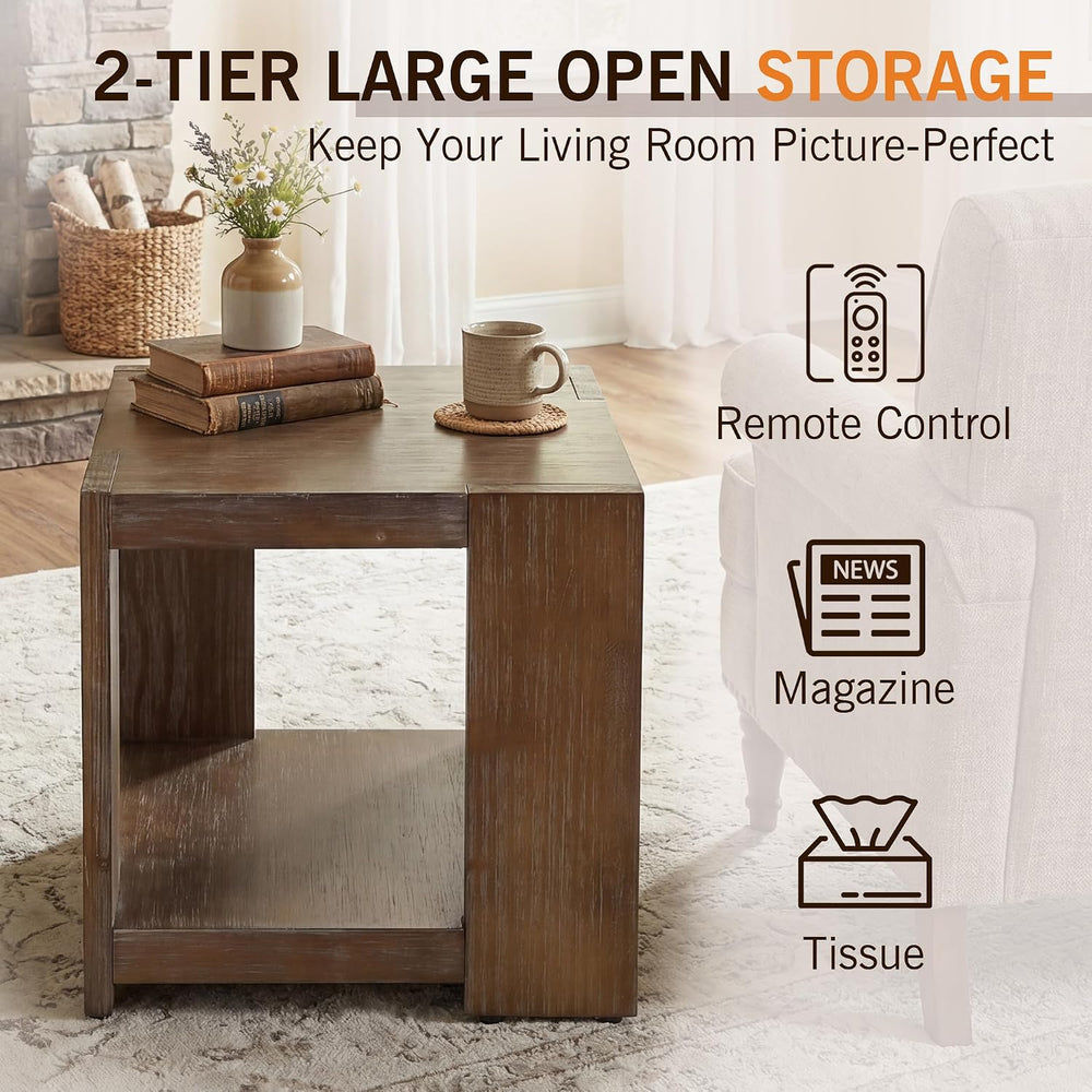 2-Tier Side Table for Living Room Set of 2, Rectangular End Table with Open S...