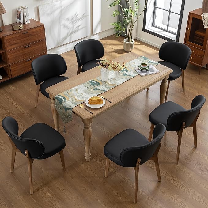 YOUNIKE Dining Chairs Set of 6 Mid Century Modern Kitchen Chair with High Back Faux Leather Upholstered Armless Chair 20" Wide Padded Seat with Wooden Legs for Kitchen Dining Living Room Bedroom Black