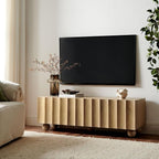 Modway Sorren 54 Inch Scalloped TV Stand in Natural – 3 Door Media Console Cabinet – Modern Storage TV Stand with Doors