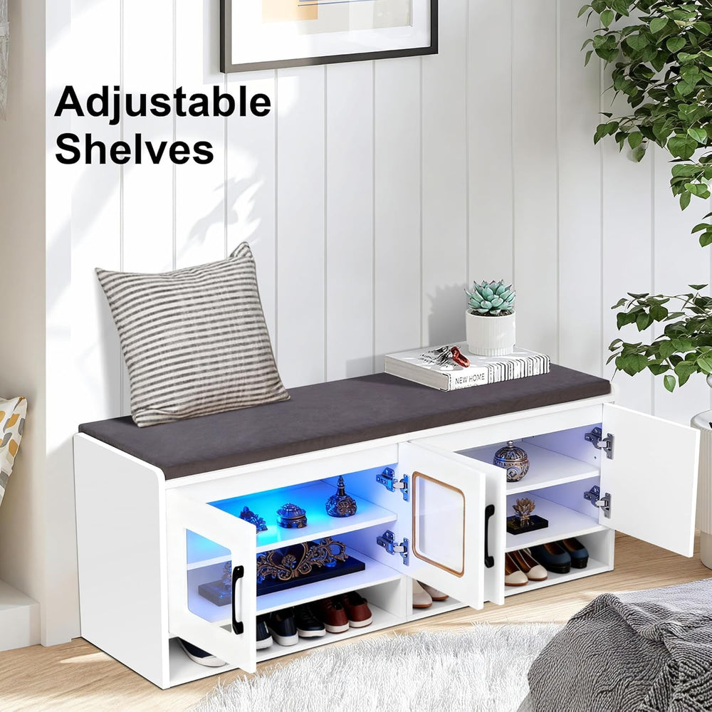 Shoe Bench with Thickened Cushion,Entrance Bench with Glass Door and Ambient ...