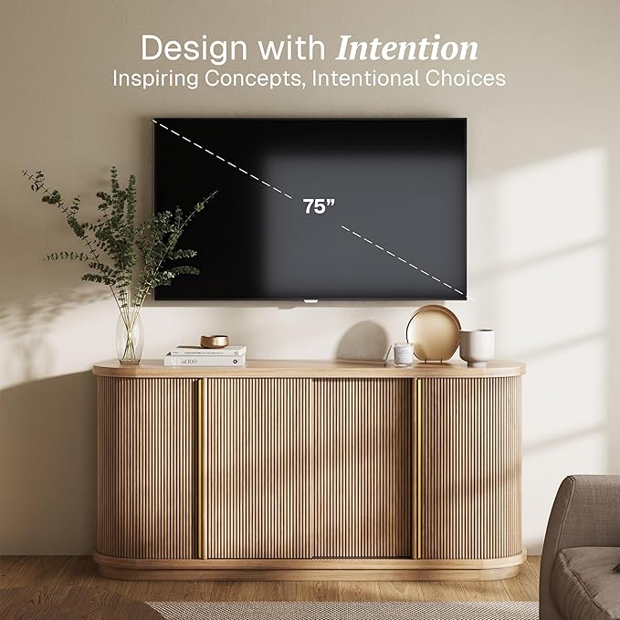 BELLEZE 67" Width 32" Tall Fluted TV Stand, Curved Entertainment Center with Sliding Tambour Doors,Media Console Table for TV up to 75" for Living Room (Camel)