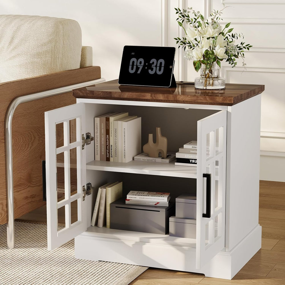 24" Farmhouse Nightstand with Charging Station, End Table with Tempered ...