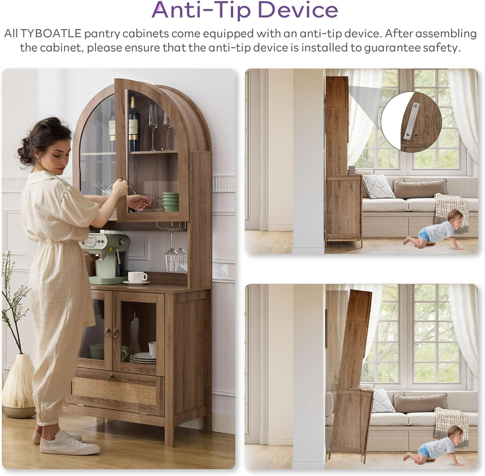 TYBOATLE 75'' Tall Arched Pantry Cabinet w/Accessible Storage Area, C...