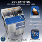 KANIS Professional Dog Washing Station - 304 Stainless Steel Pet Wash Sink & Grooming Bathtub w/Shower, Floor Grates and Storage for Large, Medium & Small Pets (40", 1 Drawer - Left Ramp)