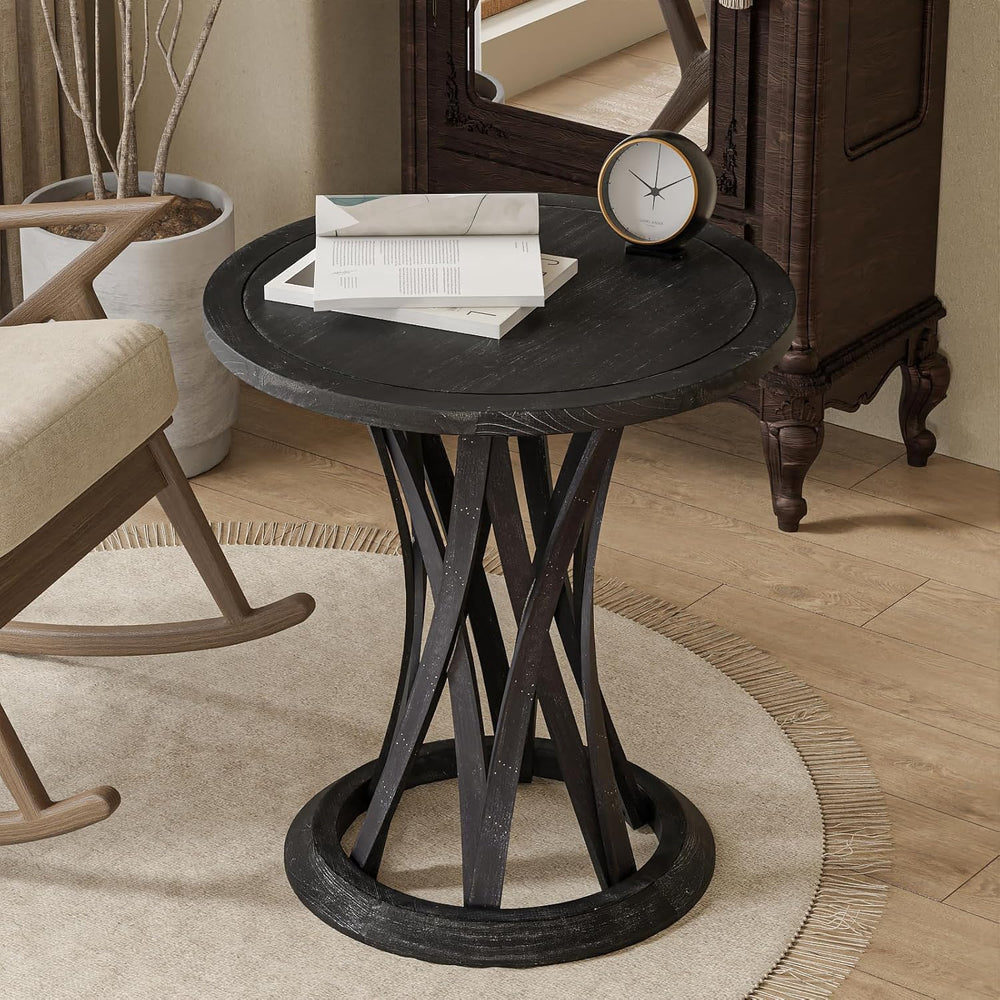 COZAYH Round Farmhouse End Table with Crisscross Pedestal Base, Distressed Fi...