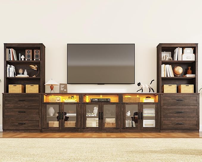 157" W 4-Piece Entertainment Center with Bookshelves for TVs up to 100", Farmhouse Wall Unit TV Stand with Doors & Drawer, Media Console Table for Living Room, Bedroom, Brown