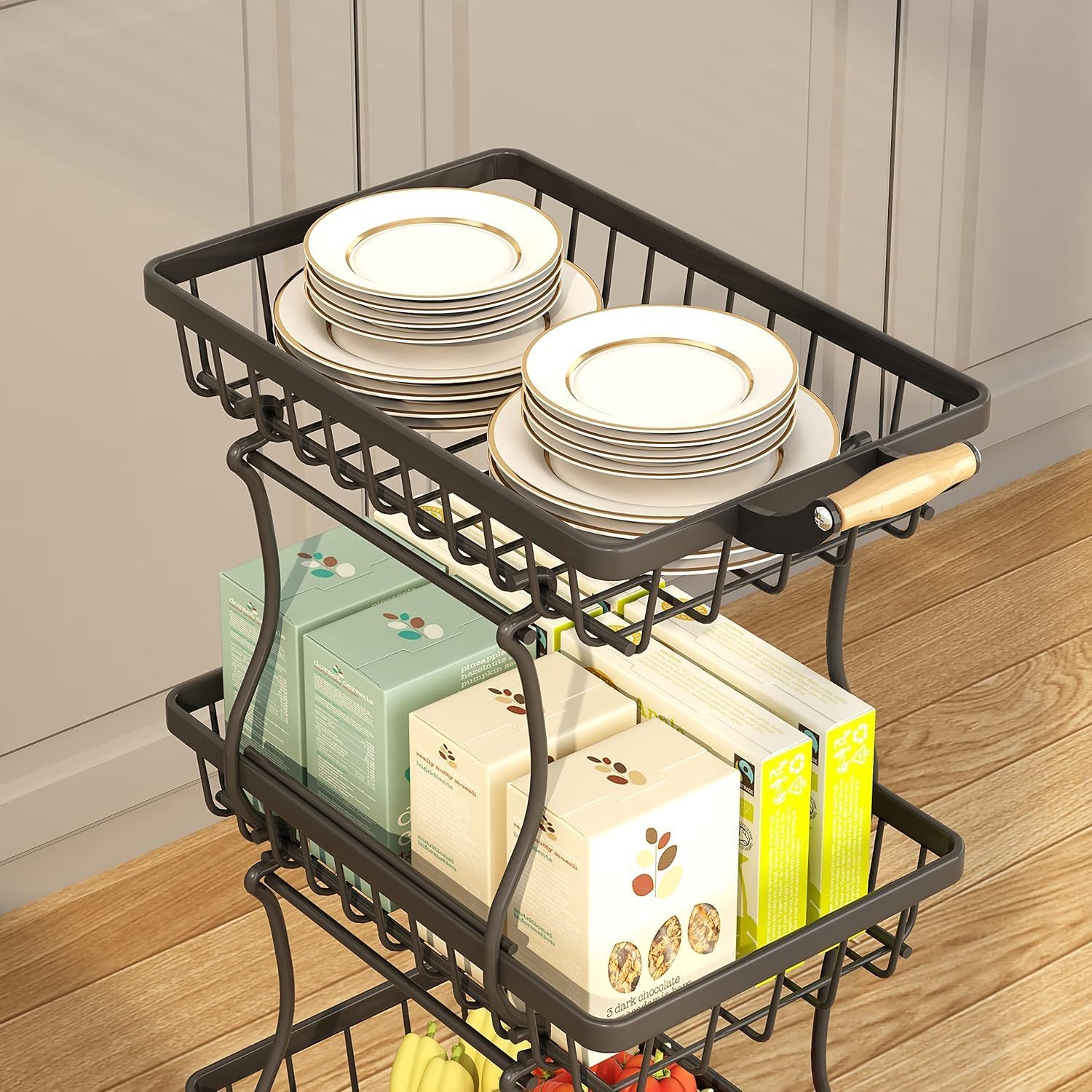 Stackable Fruit Vegetable Basket 4 Tier Kitchen Storage Rolling Cart | metal frame, 9.4“ width for small ppace, easy assembly, veggie rack for potato onion produce apple banana, move smoothly