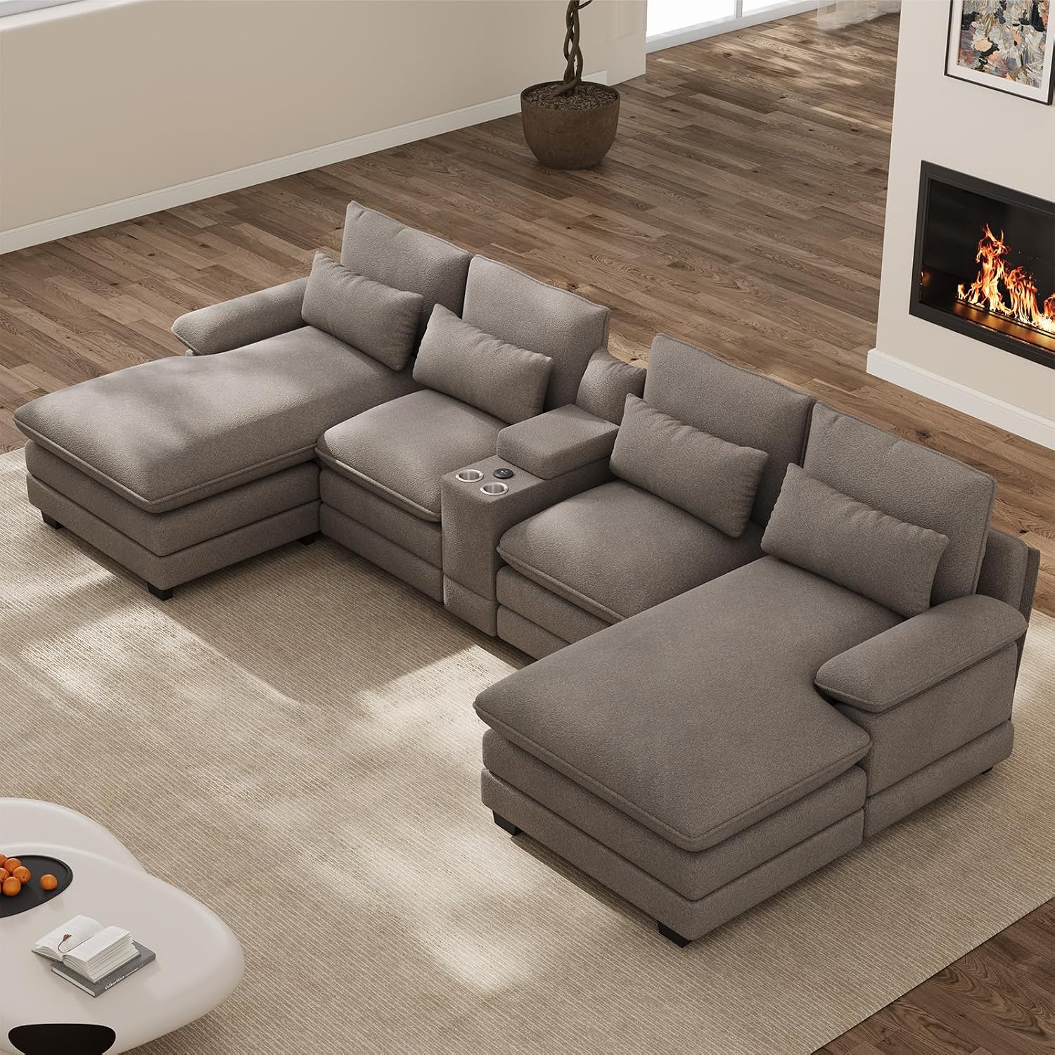 OUYESSIR 133" U Shaped Cloud Sectional Couch with USB Port, Stone Grey | 4 Seat, Double Chaise Lounge, Central Console, Cup Holders