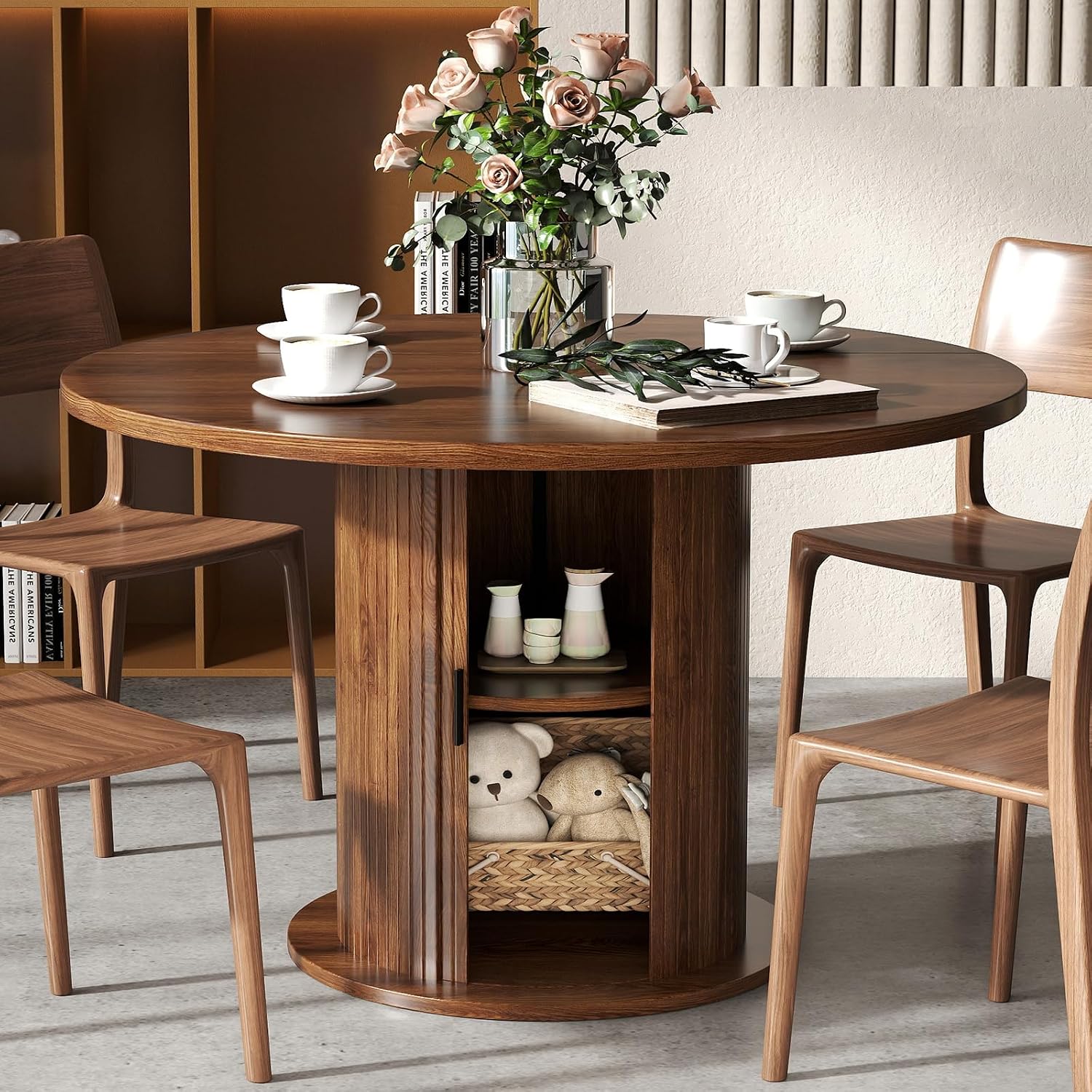 47" Kitchen Round Dining Table 5 Piece Set with Velvet Upholstered Chairs | Multi padded chairs, round oval dining sets for apartments, wipeable tabletop, fits farmhouse & modern decor