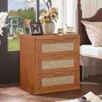LEYAOYAO Rattan Night Stand Set of 2 with Charger Station, 23" Large 3 Drawer Boho Nightstand, Tea Brown Bedside Table Storage Cabinet, Bed Side End Tables for Bedroom, Living Room, Hallway