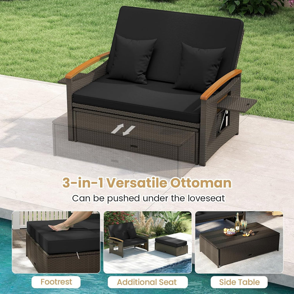 COSTWAY Patio Rattan Daybed, Outdoor Loveseat Sofa with Storage Ottoman, 4-Le...