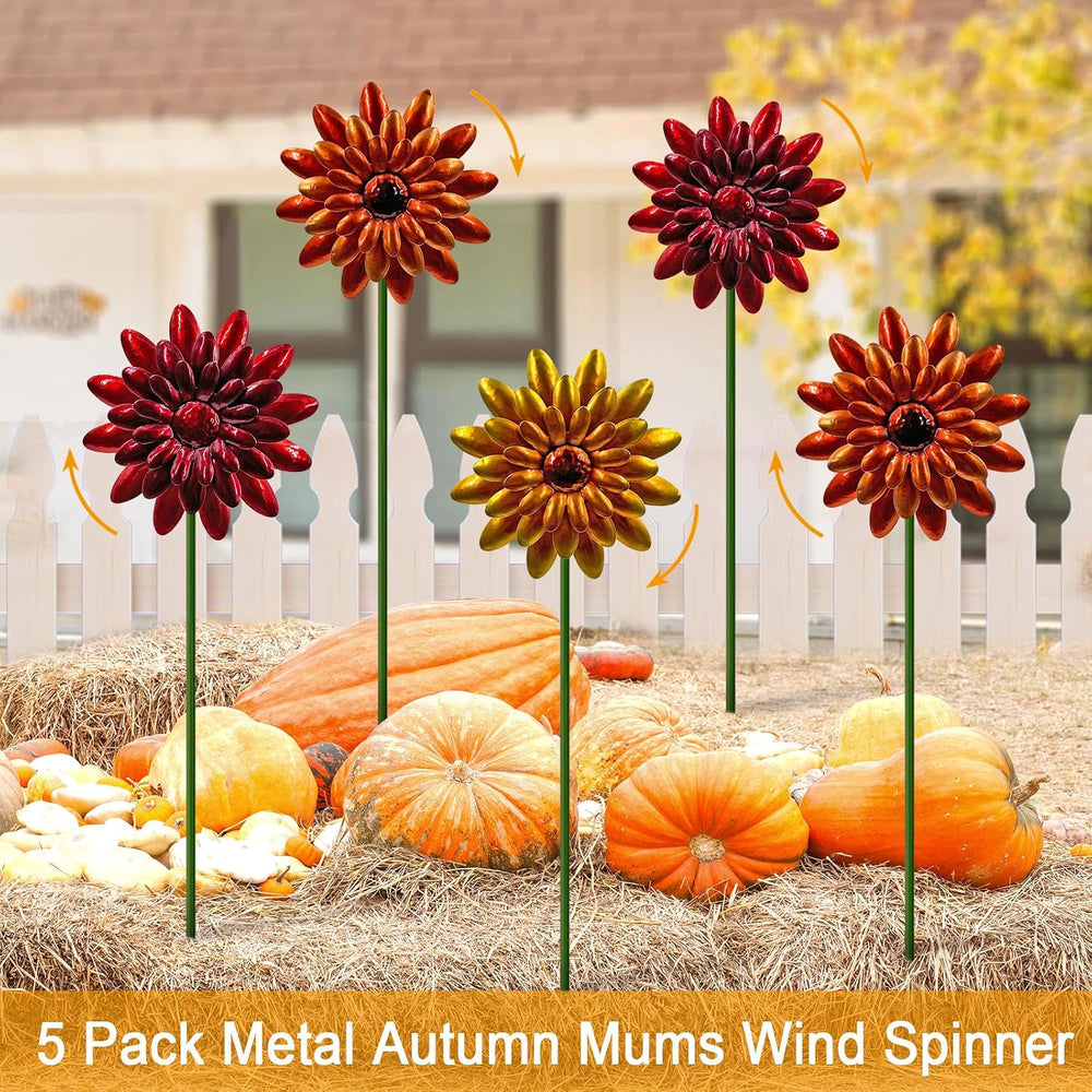 5 Pack Metal Autumn Mums Wind Spinner Garden Stake,Outdoor Fall Decorations