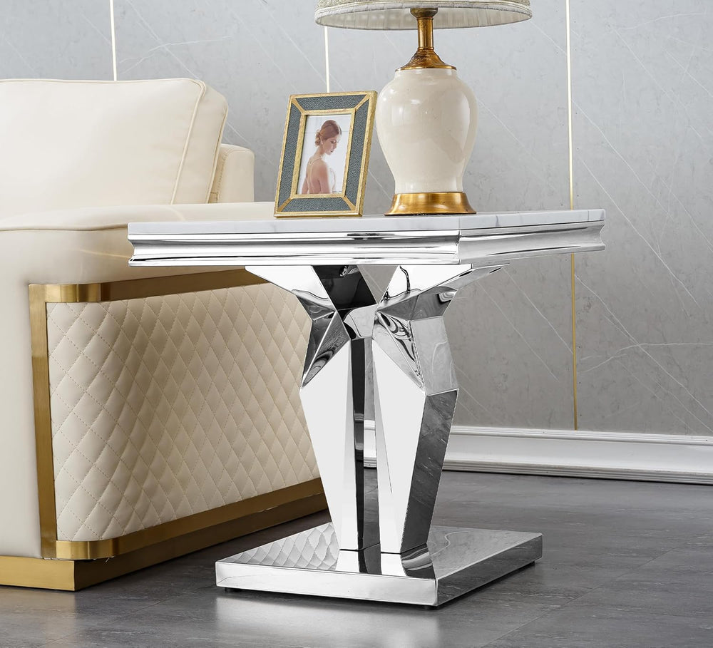 23in Faux Marble End Table w/Y Stainless Steel Base, Night Stand Square End T...