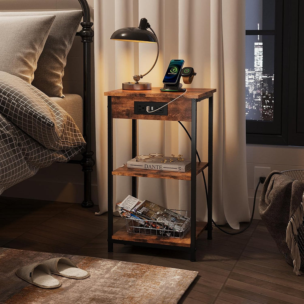 WLIVE End Table with Charging Station, Small Night Stand with Storage Adjusta...