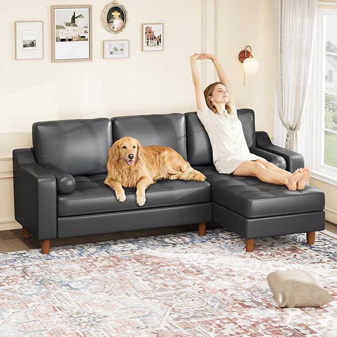 GarveeHome 88.9" L-Shape Couch with Convertible Chaise, Sectional Sofa with Deep Seat, Modern Mid-Century Leather Sofa for Living Room, 3 Seat Comfy Leather Couch, Black