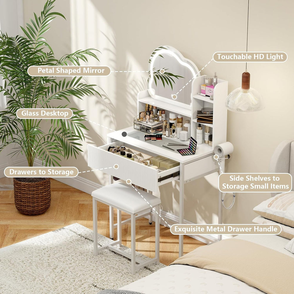 YOURLITE Vanity Desk with Mirror and Lights, Fluted Makeup Vanity Set with Ch...