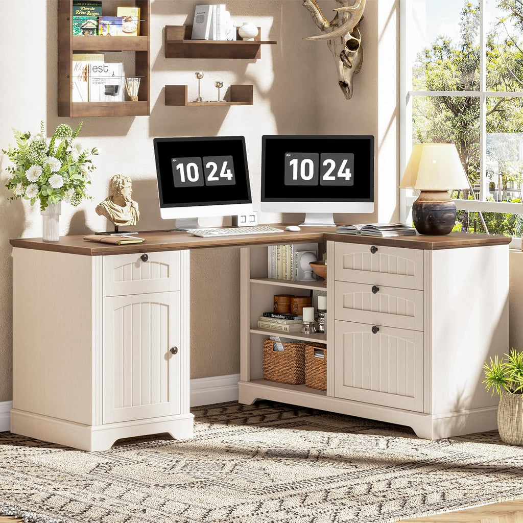 Farmhouse L Shaped Desk with Drawers, 56 Inch Executive Desk with File Drawer and Storage Cabinet, Wooden Corner Computer Desk with Power Strip for Home Office Work and Study, Rustic White and Walnut