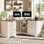 Farmhouse L Shaped Desk with Drawers, 56 Inch Executive Desk with File Drawer and Storage Cabinet, Wooden Corner Computer Desk with Power Strip for Home Office Work and Study, Rustic White and Walnut
