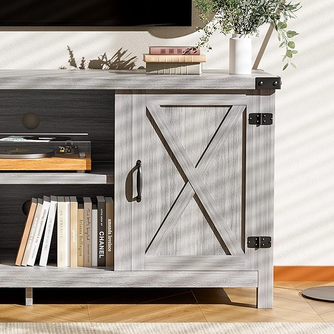 JUMMICO TV Stand, 65 Inch TV Farmhouse Entertainment Center with Double Barn Doors and Storage Cabinets, Console TV Table Media for Living Room, Bedroom (Grey)