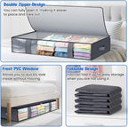 Under Bed Storage Containers, 6 Pack Blanket Storage Bags, Collapsible Storage Bags with Big Zippers, Clear Front, Shoe Storage and Organization for Clothes, Comforter, 90L, Grey