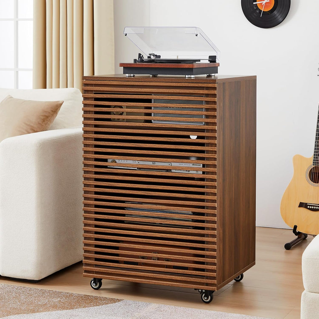 LEVNARY 5-Tier AV Media Cabinet with Grille Door & Adjustable Shelves, Modern Wooden Stereo Rack with Cable Management & Wheels, Audio Video Stand for Living Gaming Room Recording Studio (Walnut)